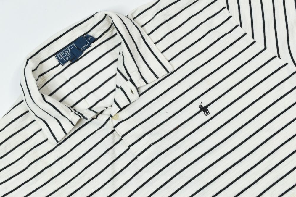 Vintage Polo Ralph Lauren Textured Polo Shirt Mens XL White Black Striped Cotton